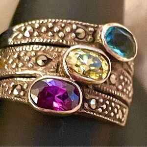 Vintage Sterling Ring African Amethyst Blue Topaz Golden Citrine Marcasite